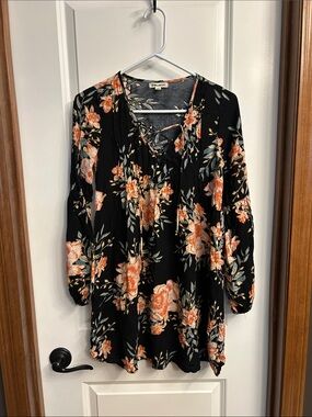 Billabong Black Floral Lace-Up Tunic with Orange Blooms